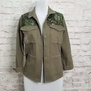 Anthropologie Sadie & Sage Size S Military Jacket Olive Green Sequin Embellished